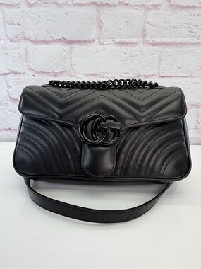 Gucci Calfskin Matelasse Monochrome Small GG Marmont Shoulder Bag Black